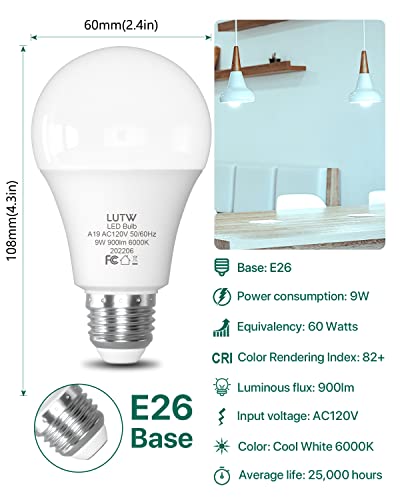 Image of A19 E26 LED Bulbs, 60W Eqv, 9W, 6000K, Non-Dimmable, 6 Pack | 900 Lumen, Cool White Light, Ideal for Bedroom, Living Room Lighting