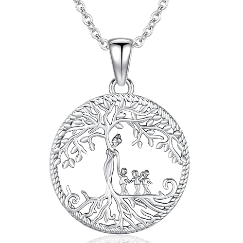 Collar para Madre Mujer Colgante Árbol de la Vida de Plata de Ley 925 Collar con Colgante de Madre e Hijos Familiar de Joyería Regalos para Mamá Hija Abuela Hermana Esposa (E-madre con tres hijos)