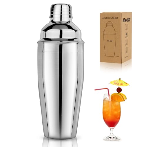 Mawisek - Cocktail Shaker Martini Shaker Professional Bar Shaker Drink Shaker Bar Tools with Built-in Strainer for Bartender, Margarita Mixer for Mixed Drinks, Silver