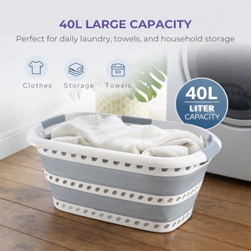Image of Laundry 360 Collapsible Laundry Basket 40L | Portable | Space Saver Storage | Hold 2 Loads | Store Under the Bed or Closet | Good for Kids | Dorm | Bedroom | Large | White /Grey