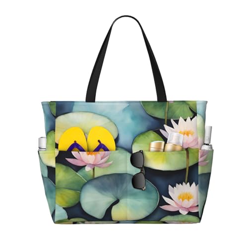 Large Capacity Beach Bag Waterproof Pool Tote for Gym Swimming Camping Carry On Bag Black Lily Pads Print