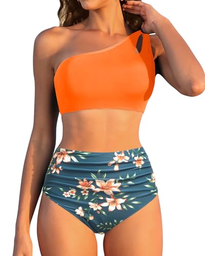Women High Waisted Bikini - One Shoulder Bathing...