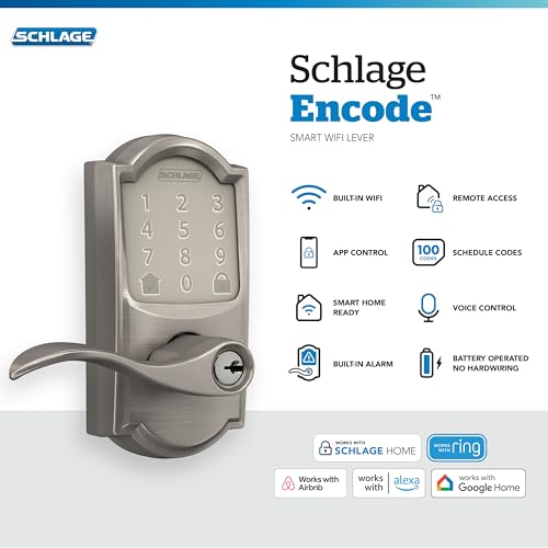 Image of Schlage Encode Smart WiFi Lock, Lever Handle, Camelot Trim, Satin Nickel | Keyless door lock with handle, Touchscreen keypad, App control, Alexa, Google, Ring & Airbnb compatible, Certified security