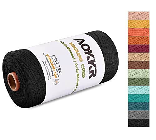 Hilo Macrame, AOKKR 3mm x 100m Single Twist Oeko-Tex Premium Cuerda Macrame Cordel Algodón Ecológico de Macramé Bricolaje Artesanía, Envolver Regalo, Colgar Fotos, Decoración Bohemia, Negro