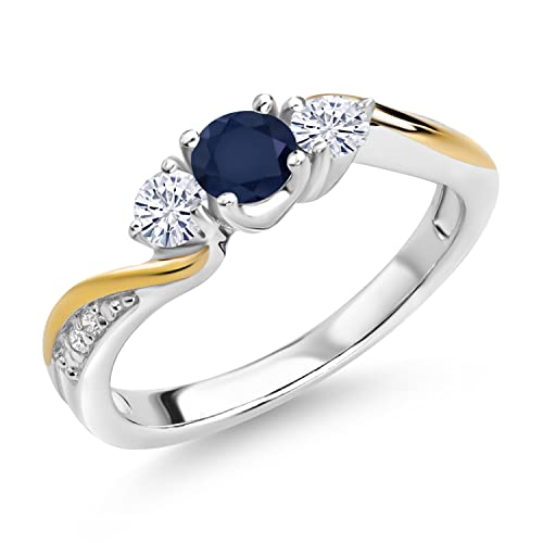 925 Silver and 10K Yellow Gold Blue Sapphire White Moissanite and White Lab Grown Diamond 3 Stone Engagement Ring For Women (0.58 Cttw, September Birthstone, Available In Size 5, 6, 7, 8, 9)