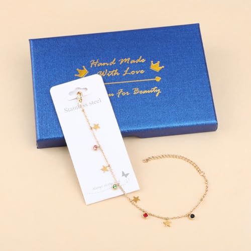 Image of 18K Gold Plated Stainless Steel Dainty Charms Colorful Crystal Birthstone Bracelet Minimalist Cute Jewelry for Women