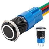 TOKCKYBL 16mm Latching Push Button Switch 12V DC, IP65 Waterproof ON/Off Black Shell with LED Angel Eye Head, 0.63