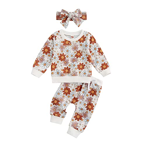 Image of 3Pcs Baby Girl Outfits Daisy Sweatshirt + Pants + Headband Infant Fall Winter Clothes
