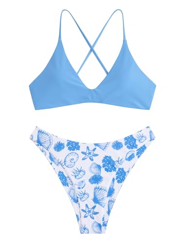 Image of ZAFUL Women's Tie Back Padded High Cut Bralette Bikini Set Two Piece Swimsuit