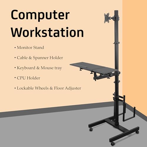 Image of Isomars Computer Standing Desktop Workstation with Monitor Mount Adjustable Height with Keyboard & Mouse Tray Space for CPU Holder, Sit Stand Table Comes with Wheels for Easy to Move.