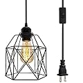 Industrial Plug in Pendant Light, Black Cage Pendant Light Fixture with On/Off Switch, E26 Socket Vintage Hanging Light, Farmhouse Pendant Lighting for Kitchen Living Room Dining Room