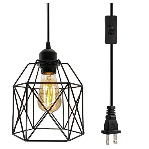 OmiSun Industrial Plug in Pendant Light, Black Cage Pendant Light Fixture with On/Off Switch, E26 Socket Vintage Hanging Light, Farmhouse Pendant Lighting for Kitchen Living Room Dining Room