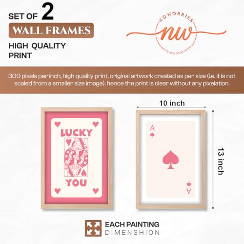 Image of NoWorries Playing Cards Wall Art Framed Painting | Lucky You Typography & Ace of Spades Card Art Prints | Minimal Pink Aesthetic Posters Frames | Premium 300 GSM Paper Print with Synthetic Wooden Frame | Modern Wall Decor for Living Room, Bedroom and Office (Set of 2) (NATURAL, ART-7, 10X13INCHES)