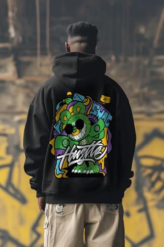 Image of Veirdo Cotton Fleece Oversized Fit Black, Grey, Green, Blue & Orange Cool & Aesthetic Hustle Monster Graphic Printed Full Sleeve Hoodie for Men