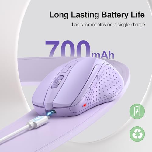 Image of TECKNET Wireless Mouse, BT 5.0 /2.4G, Rechargeable 6-DPI Silent, Lavender | Bluetooth 5.0 /3.0 & USB A, 2-Device Easy Switch, Wide OS Compatible, 6 Buttons, 6-DPI up to 4800, Ergonomic for S to M Hands