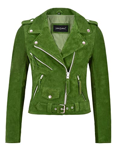 Veste en cuir de motard Brando femme daim vert citron style moto classique