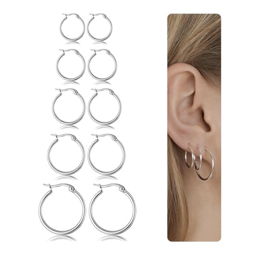 TEOZBLU 5 Paires Boucles d'Oreilles Créoles Argent Femme, Sterling Hypoallergéniques Anneau...