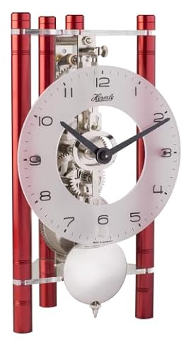 Hermle Zegar stołowy szkieletowy z anodyzowanymi kolumnami aluminiowymi - trójkąt 23025-360721, arabska tarcza ze szkła, czerwony, niklowany, 19,5 cm x 11 cm x 9 cm