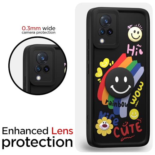 Image of Pikkme Back Cover for Vivo V21 5G | Soft Silicone| Cute Rainbow Smile & 3D Cartoon Flower Design | Shockproof Raised Camera Protection Bumper Case (Black)