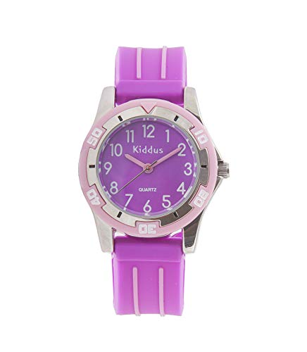 KIDDUS Qualitätsuhr für Mädchen, Jungen, Kinder. Analoge Armbanduhr mit Zeitlernübungen, japanischen Quarzwerk, gut lesbar, um ganz leicht zu Lernen, die Uhr zu lesen. KI10500 Lila