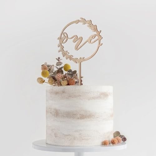 “one” Cake Topper，cake Decorations surrounded by elegant leaves，Suitable Birthdays or Weddings, Anniversaries, Neutral Baby Shower, Gender Reveal Ing Parties Wooden cake decoration (Grass ring)