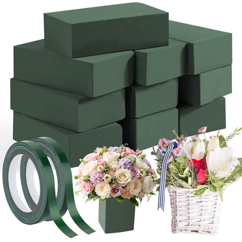 MAPVOLUT 10 Pcs Green Floral Foam Blocks with 2 Rolls Waterproof Floral Tape - 12mm x 65.62ft, for Fresh or Artificial Flower Arrangements, DIY Wedding, Home Decor, and Crafts (5.5”L x 3.1”W x 1.7”H)
