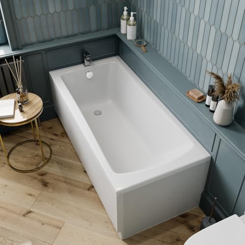 Baystone 1600 x 700mm Single Ended Bath White Gloss Soaking Bathttub, Acrylic Baths for Bathrooms, Straight Wide End, Adjustable Feet, Side & End Panels Included