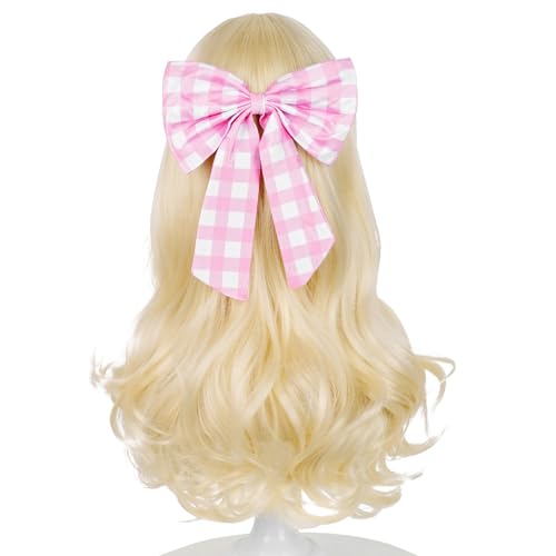 Wiggy Mermaid Blonde Wig with Pink-bow Hair Clip 22.8 Inch Long Blonde Wavy Princess Wigs + Cap for Halloween Costume Party Cosplay