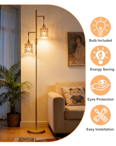 Image of 2-Light Glass Floor Lamp, 65IN Tall Standing Lamps Dimmable with Amber Glass Lampshade, 3000K Warmwhite Mid Century Modern Floor Lamp with 5Lbs Heavy Base for Living Room /Bedroom