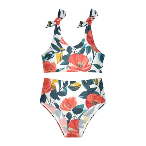 KLL Floral Pattern Red Roses Girl Two Piece Bikini Set Scoop Neck Swimsuits Swimwear Adjustable Shoulder Strap3
