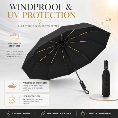 Image of STAR WORK UV Protection Travel Umbrella - Compact Folding Umbrella for Sun & Rain - Windproof, Waterproof, Auto Open /Close - Portable & Lightweight for Women & Men.