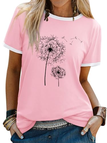 Dresswel Women Dandelion T-Shirt Cute Graphic Print Crew Neck Short Sleeve Summer Tops Basic Tshirts(4-Light Pink,M)