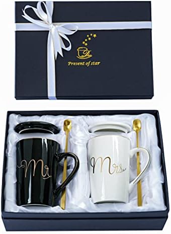 Jumway Mr and Mrs Coffee Mugs Set - Unique Wedding Gifts For Bride and Groom - His and Hers Anniversary Present Husband and Wife -Engagement Gifts For Him Her For Parents for Valentine's day (Black&W)
