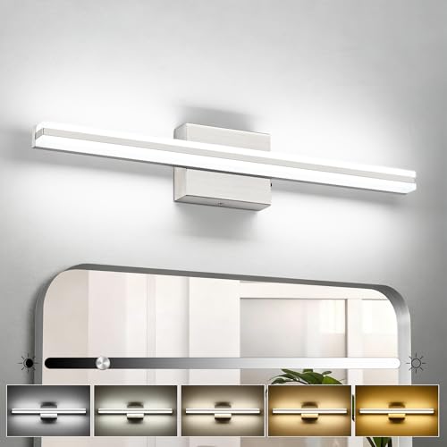 Image of SOLFART Bathroom Light Fixtures Over Mirror 24 Inch Brushed Nickel Modern Vanity Light 5CCT Adjustable Brightness LED Mirror Light Fixture Anti-Glare Lighting Wide Illumination