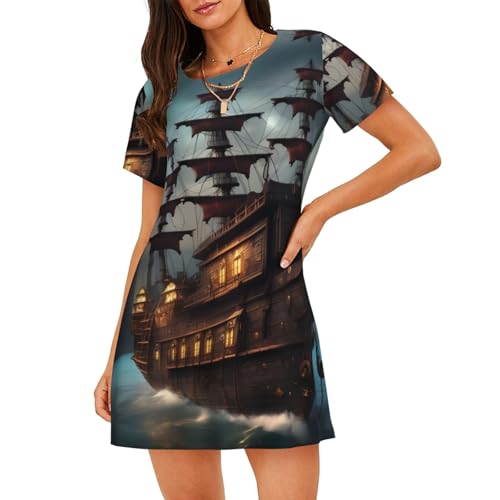 Robe de nuit légère motif bateau pirate pour femme en coton doux