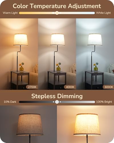 Image of EDISHINE Floor Lamp with Table Dimmable USB-A+Type-C Port, Dark Walnut | Bulb Included, 10%-100% Brightness, 2700K-6000K Color Temperature, 2 Shelves, Farmhouse Standing Light for Bedroom, Office