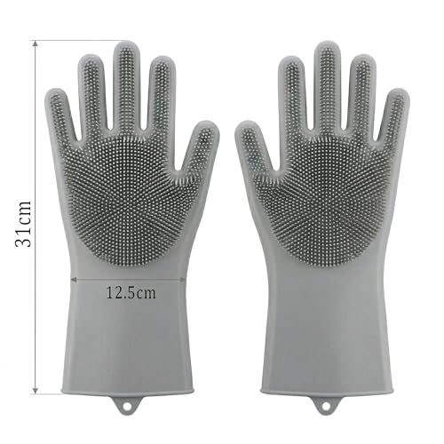 Image of Kitchen Dishwashing Gloves for Washing Dishes - Reusable Rubber /Silicone Cleaning Gloves for Kitchen, Bathroom & Car Cleaning - Waterproof Household Hand Gloves for Women, Home Essentials (Grey)