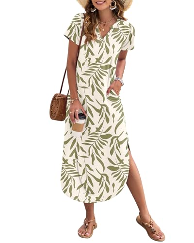 Image of MISFAY Women's Summer Maxi Dress 2026 Casual Short Sleeves V Neck Loose Sundress Split Long Beach T Shirt Dress
