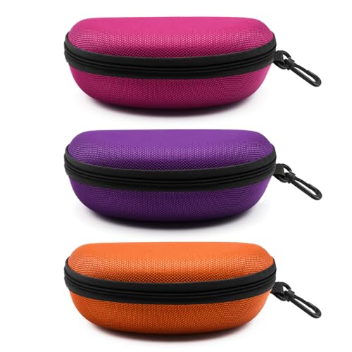 SteelFever 3pcs Sunglasses Case Portable Travel Zipper Hard Shell Eyeglasses Case with Plastic Hook Scratch Resistant Glasses Organiser Box (Orange Rose Red Purple)