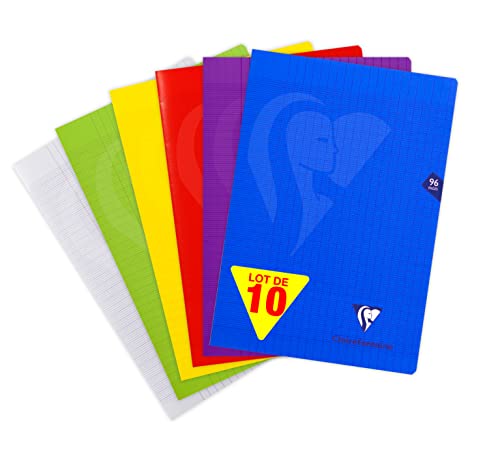 Clairefontaine 303161C Lot de 10 Cahiers Agrafés Mimesys - A4 21x29,7 cm - 96 Pages Grands Carreaux - Papier Blanc 90 g - Couverture Polypro Transparent - Couleurs Aléatoires