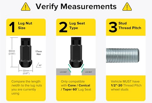 Image of StanceMagic 20pcs Black 1 /2x20 Extended Tuner Lug Nuts - Open End, Cone Seat, 50mm (2 inch) Length, 22mm (0.87 inch) Width, 17mm Hex - Compatible with Ford Lincoln Dodge Jeep and More