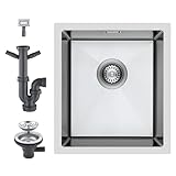 40x45cm Kitchen Sink Stainless Steel, KEOKBON Single Bowl Large Sink for Kitchen & Campervan, 14cm Depth with Overflow & Waste Kit, Brushed 304 Steel, Easy DIY Installation, Top/Drop-in Flushmount