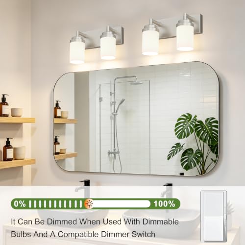 Image of Bathroom Light Fixtures, Brushed Nickel Bathroom Lighting Fixtures Over Mirror, Modern Vanity Light with White Glass Shade, Restroom Lighting Fixtures, 2-Light 13-inch