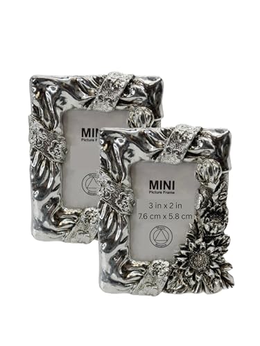 Mystic Romance Set of 2 Silver Picture Frames 3x2 – Vintage Photo Frames for Tabletop Display, Antique Style Decor Frames for Bedroom, Office, Living Room & Gallery Accent (Set 2-Sunflowers)