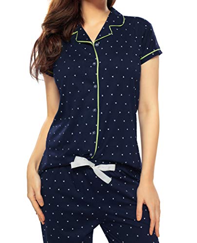 Image of ZEYO Women's Cotton Tringle Printed Navy Blue Night Suit Set of Shirt & Pyjama 5054 (Available in Plus Size)