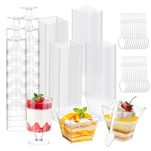 tchrules 300 Packs 4oz Dessert Cups with Spoons, 3 Styles Mini Plastic Appetizer Cups, Clear Parfait Cup for Party, Cake Cups for Tiramisu, Pudding, Snacks, Yogurt, Fruits, Mousse