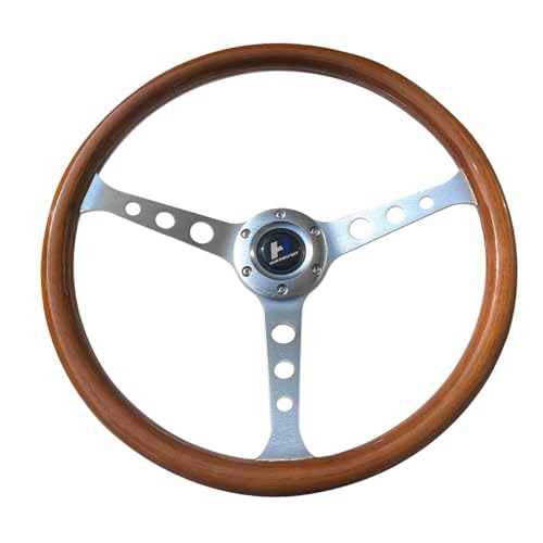 Hiracing 15 inch Wooden Grain Steering Wheel 1.75'' Depth Silver Brushed 3-Spoke Classic Wood Steering Wheel 380mm With Horn Button 6 Bolts (021), Brown