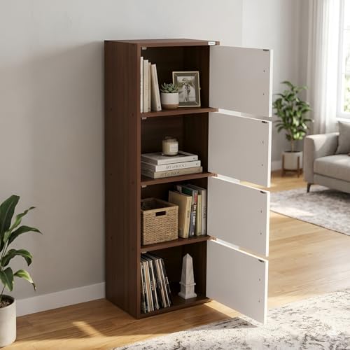 Image of Nilkamal Sear 4 Tier Wooden Storage Cabinet | Free Standing Book Shelf with 3 Doors & 3 Spacious Shelves | Engineered Wood | Organizer for Home & Office | Classic Walnut & White | DIY(Do It Yourself)