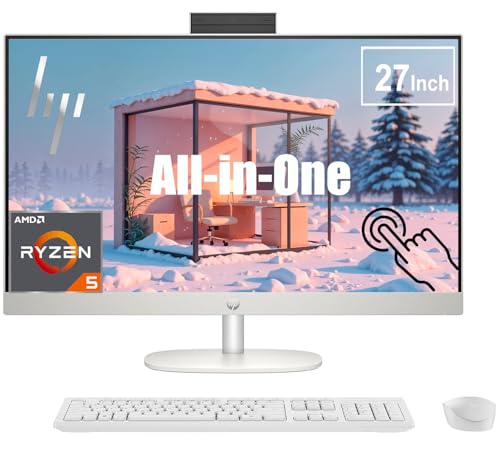 HP 27 Inch All in One Touchscreen Desktop Computer | AMD Ryzen 5 7520U Processor (8 Cores, Up to 4.3 GHz) | 8GB DDR5, 256GB SSD | FHD IPS Display | WiFi 6 | Windows 11 | Wireless Keyboard and Mouse