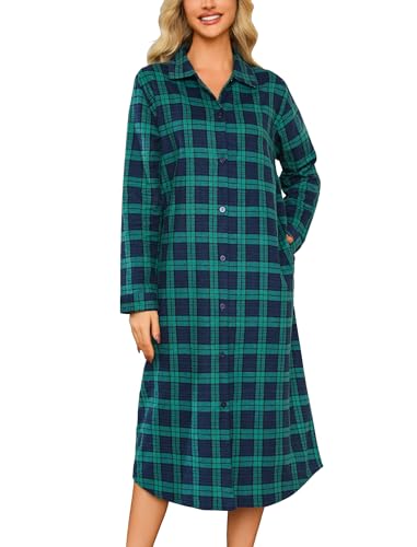 ENJOYNIGHT Nachthemd Damen Lang Flanell Schlafshirt Langarm Sleepshirt Knopfleiste Nachtwäsche Hauskleid mit Taschen(Large,Blau+Grün)